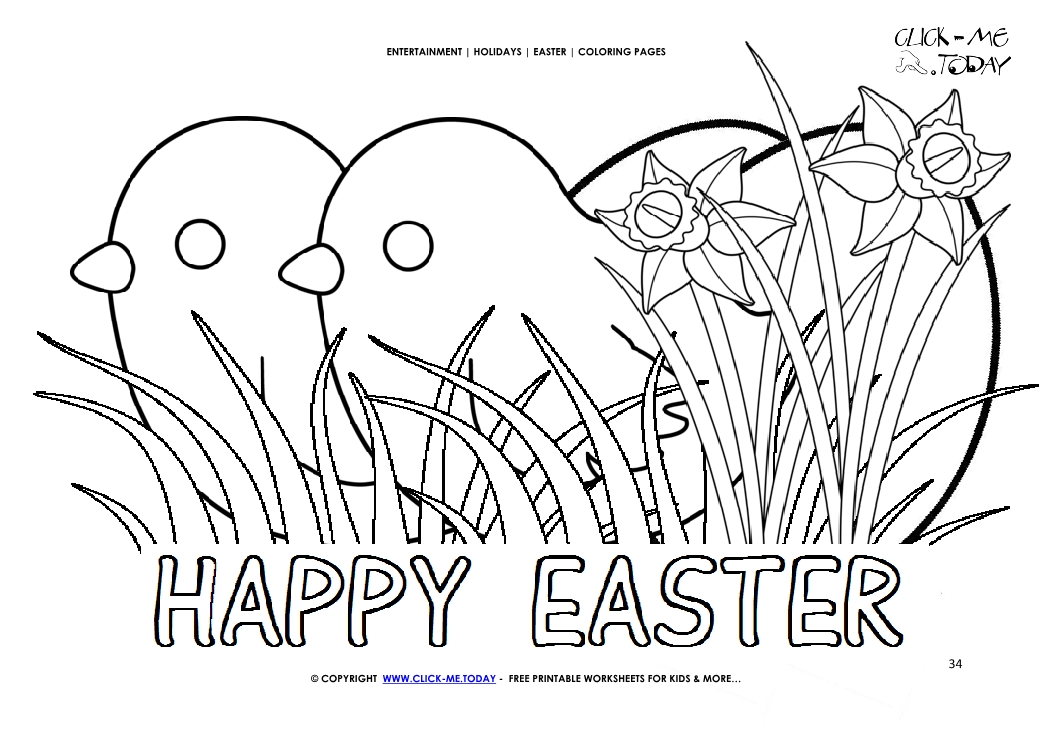 Easter Coloring Page: 34 Happy Easter chicks and eggs